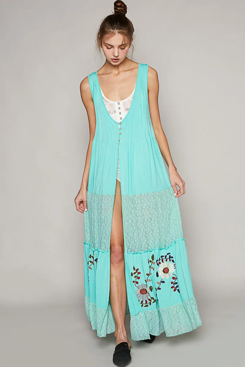 Pol Electric Blue Jersey And Lace Button Long Vest With Embroidered Details