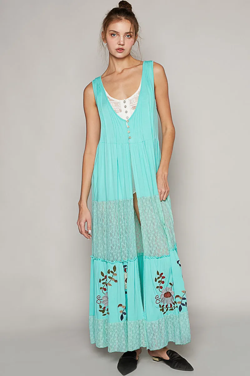 Pol Electric Blue Jersey And Lace Button Long Vest With Embroidered Details