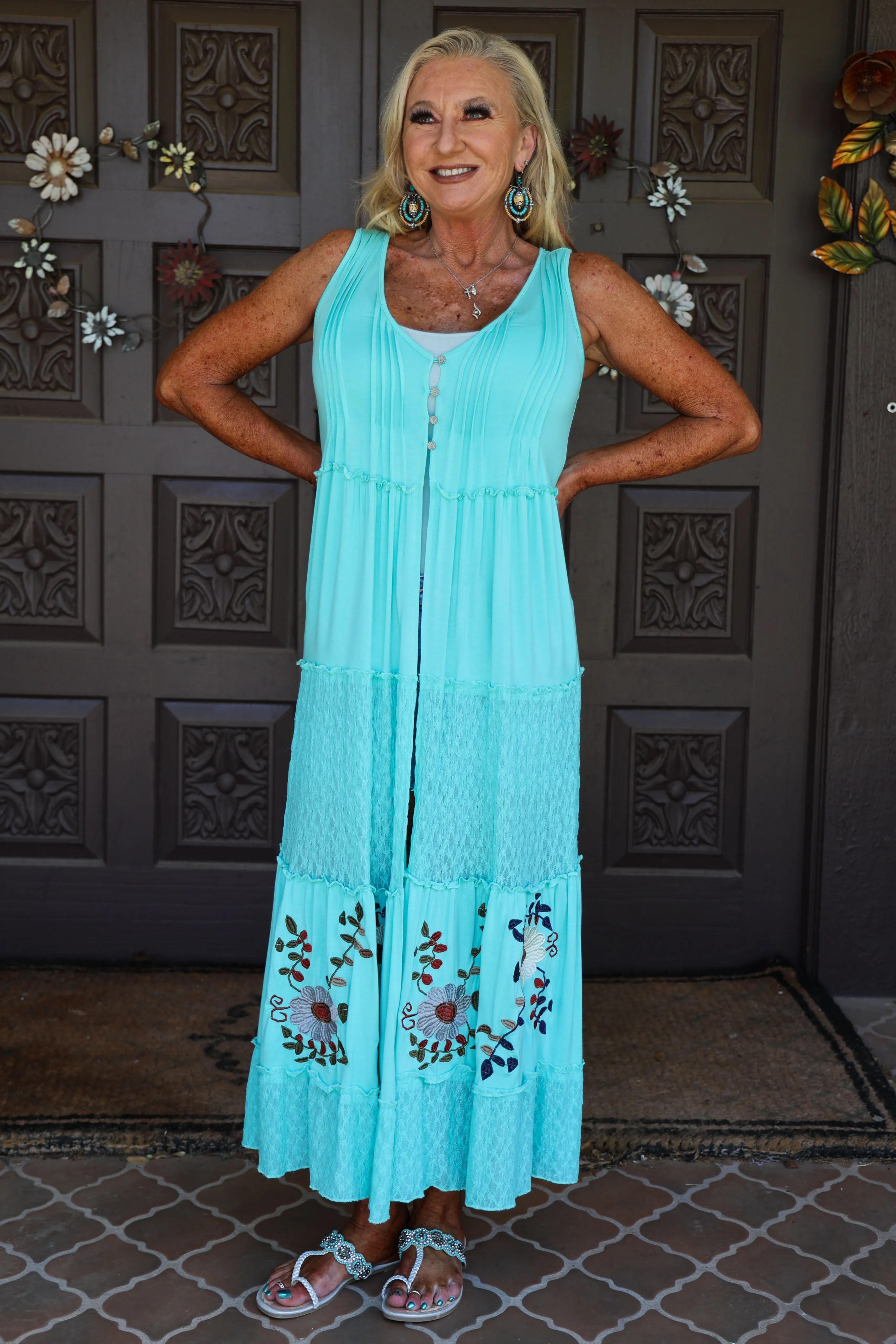 Pol Electric Blue Jersey And Lace Button Long Vest With Embroidered Details