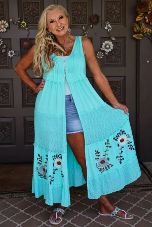 Pol Electric Blue Jersey And Lace Button Long Vest With Embroidered Details