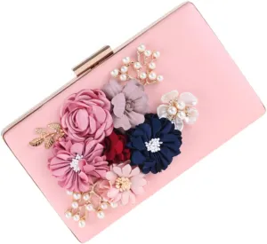 PRETYZOOM Elegant Pearl Flower Clutch Purse Pink for Women Small Size for Wedding Banquet and Daily Use