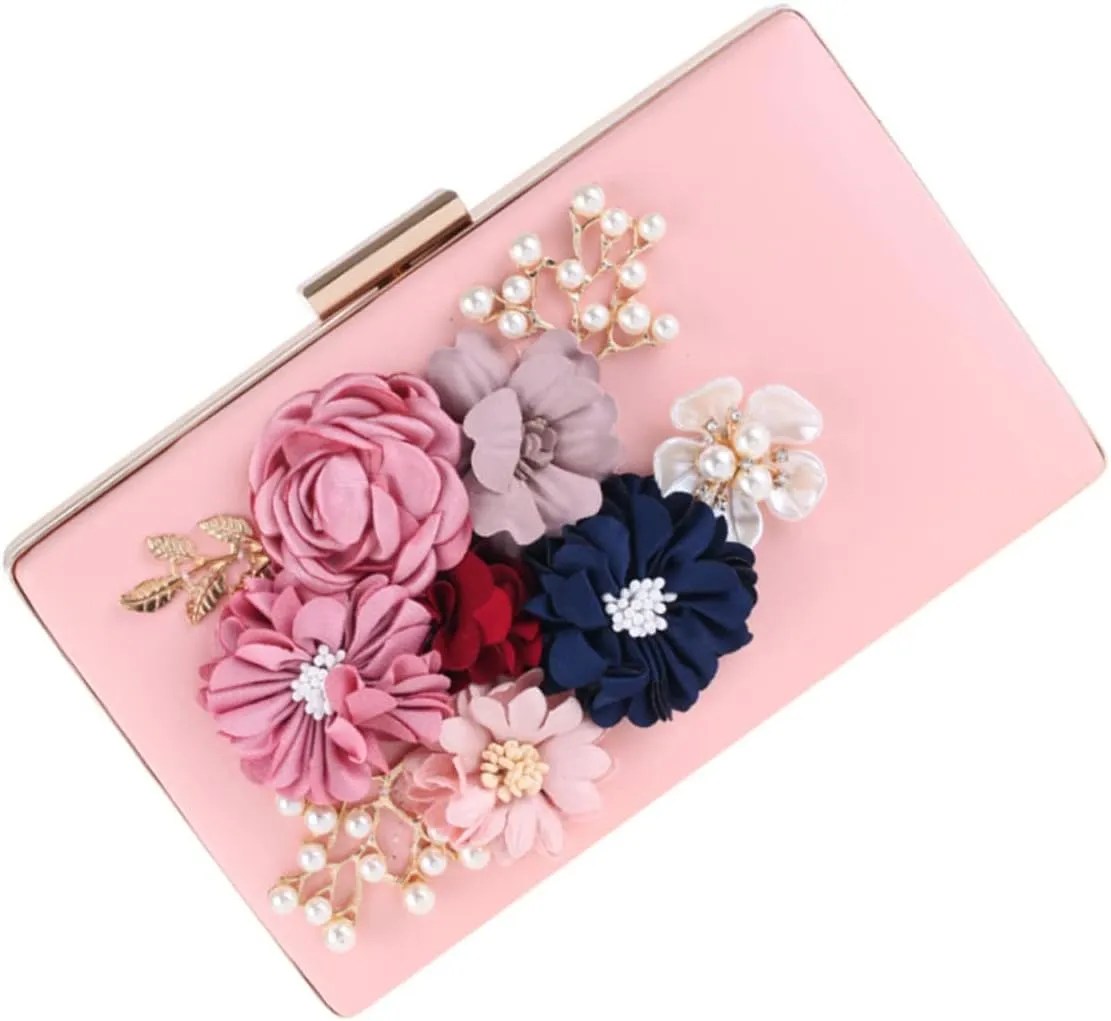 PRETYZOOM Elegant Pearl Flower Clutch Purse Pink for Women Small Size for Wedding Banquet and Daily Use