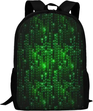Programmer Backpacks Green Matrix-Symbols Digital Binary Code on Dark School Bags Travel Backpacks Laptop School Bookbag 17 inch Large Daypack Rucksack for Women Men Teens Kids