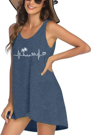 QLIPIN Beach Dress Women: Hawaiian Coconut Tree Tropical Sundress - Summer Hawaii Beachy Sleeveless Tank Dress