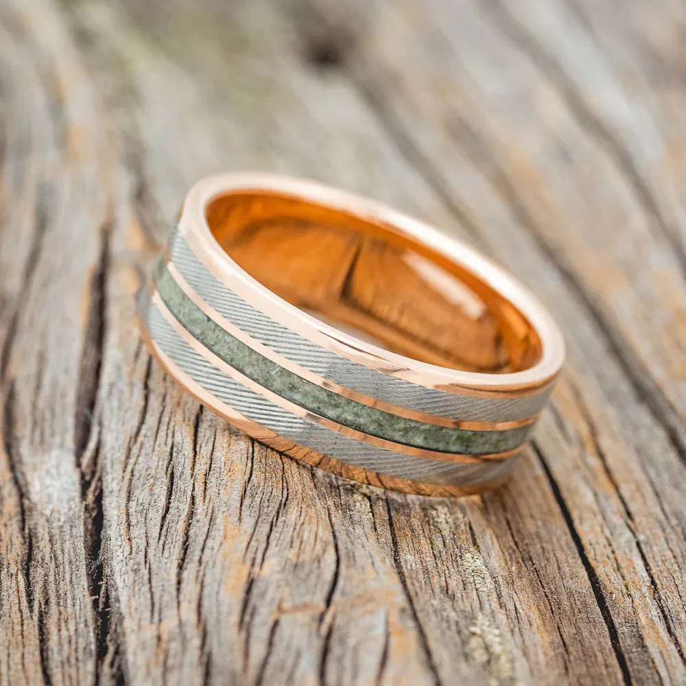 "RIO" - MOLDAVITE & DAMASCUS STEEL INLAYS WEDDING RING - 14K ROSE GOLD - SIZE 8 1/4