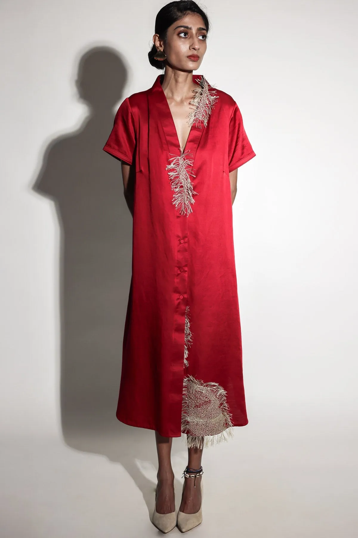 Red Embroidered Shirt Dress