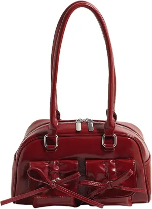 Red Women's Vintage Hobo Shoulder Bag, Red PU Leather, Standard Size, Solid Color, Zipper Closure, Chic Bowknot Detail, Versatile Wearability