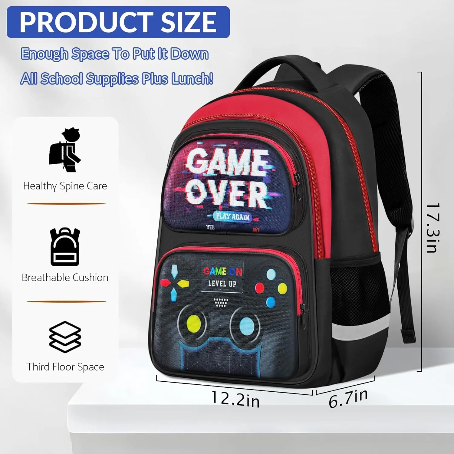 School Backpack for Boys - Gamer Boys Backpack for Kids Children Teens Elementary Middle School - 17 Video Game Bookbag Travel Back Pack for Age 6-18