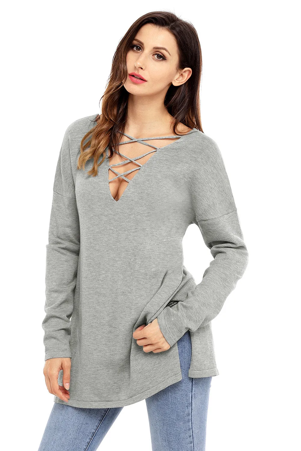 Sexy Grey Crisscross V Neck Lightweight Sweater