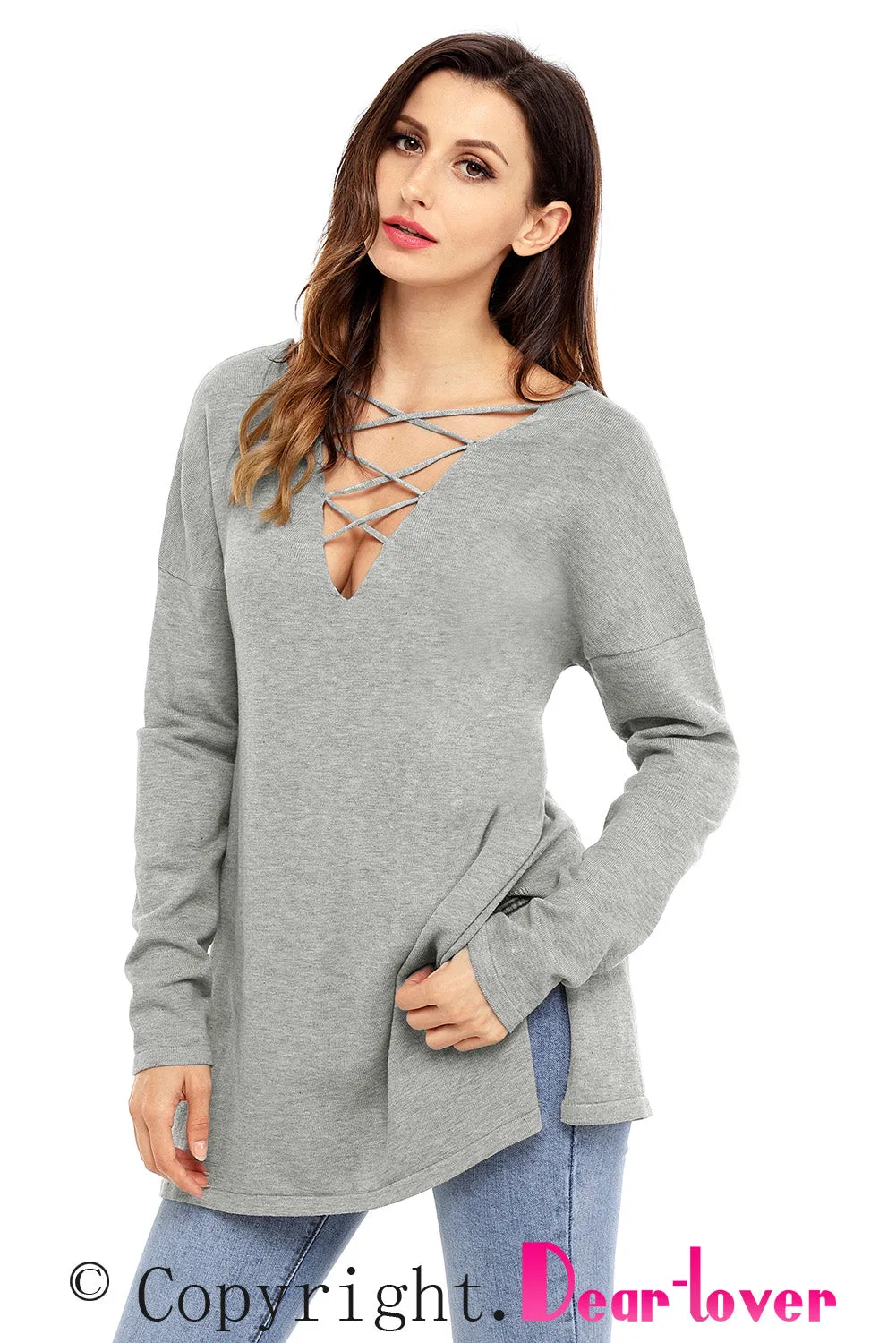 Sexy Grey Crisscross V Neck Lightweight Sweater