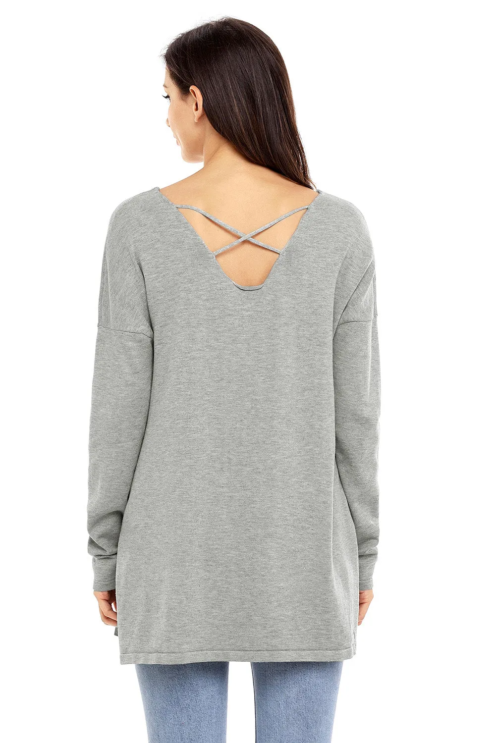 Sexy Grey Crisscross V Neck Lightweight Sweater