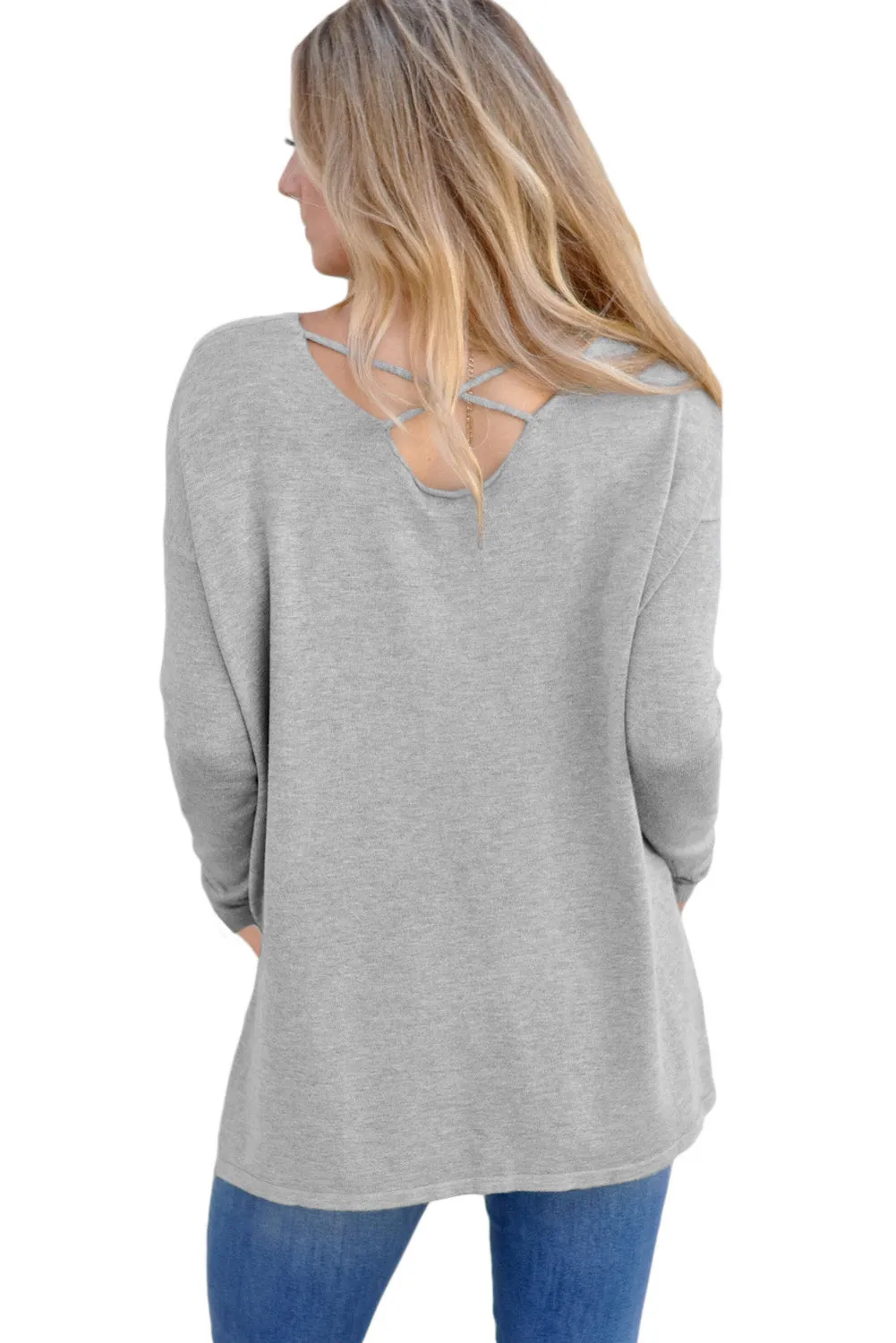 Sexy Grey Crisscross V Neck Lightweight Sweater
