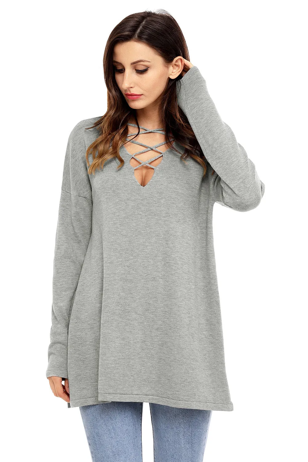 Sexy Grey Crisscross V Neck Lightweight Sweater