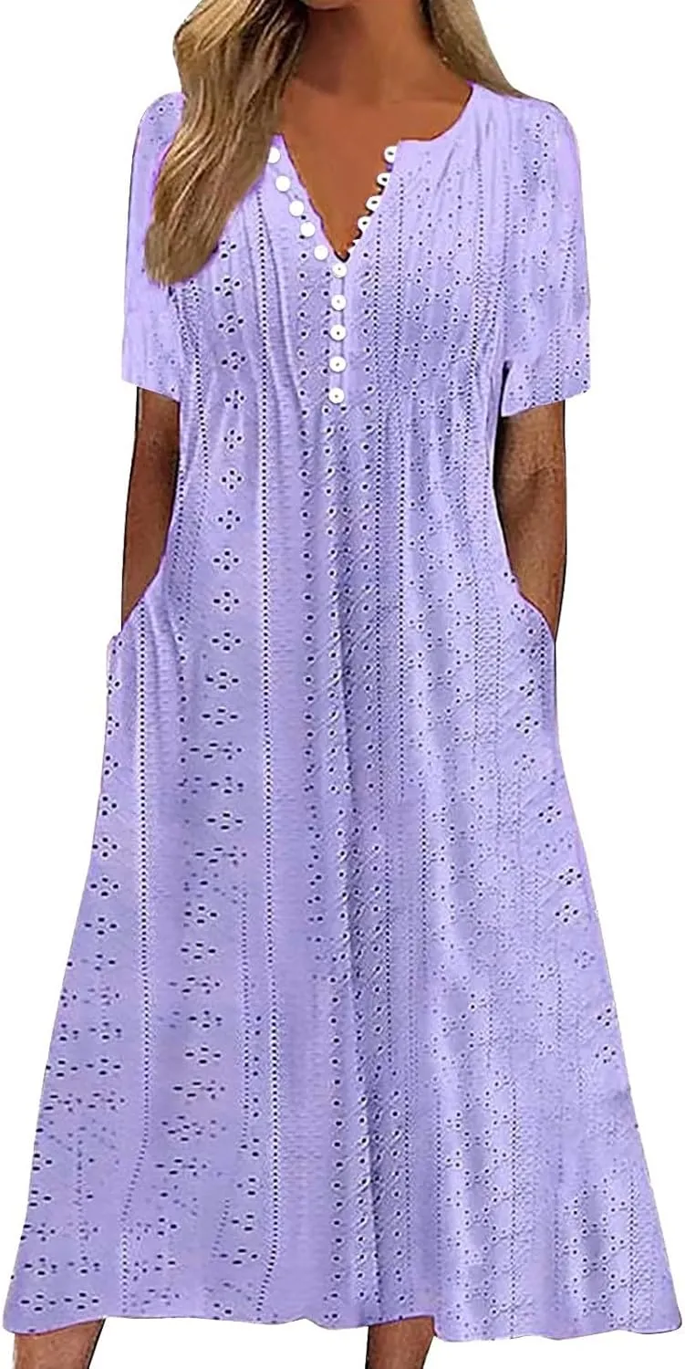 Short Sleeve Dress for Women Casual Summer Loose Fitting Button Down Eyelet Midi Tshirt Dress Bohemian Beachy Dresses