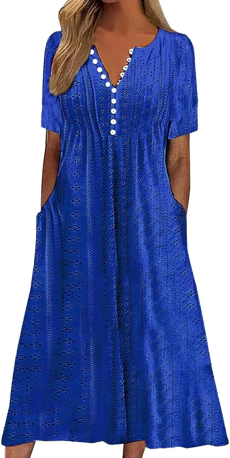 Short Sleeve Dress for Women Casual Summer Loose Fitting Button Down Eyelet Midi Tshirt Dress Bohemian Beachy Dresses