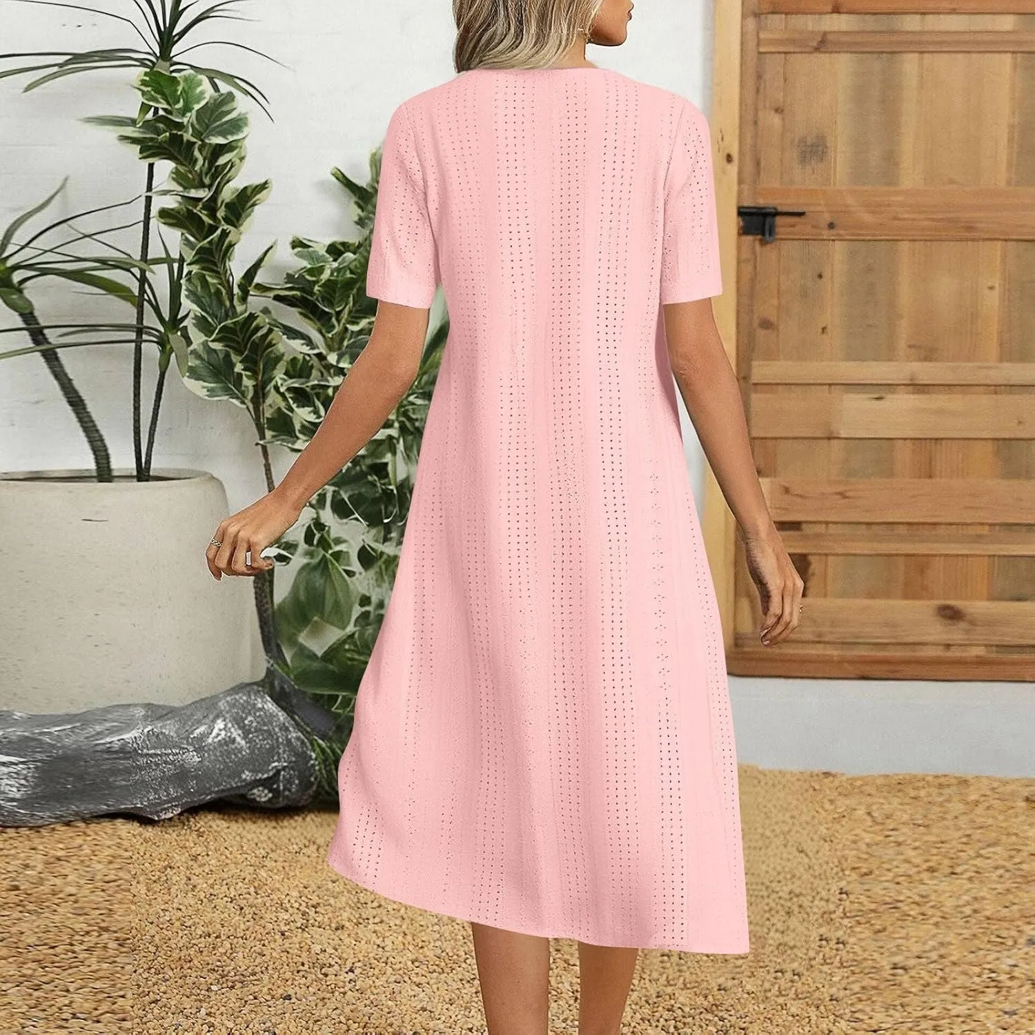 Short Sleeve Dress for Women Casual Summer Loose Fitting Button Down Eyelet Midi Tshirt Dress Bohemian Beachy Dresses