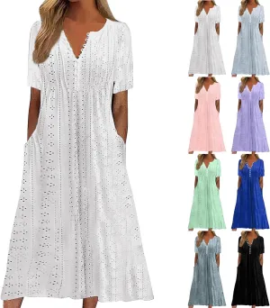 Short Sleeve Dress for Women Casual Summer Loose Fitting Button Down Eyelet Midi Tshirt Dress Bohemian Beachy Dresses