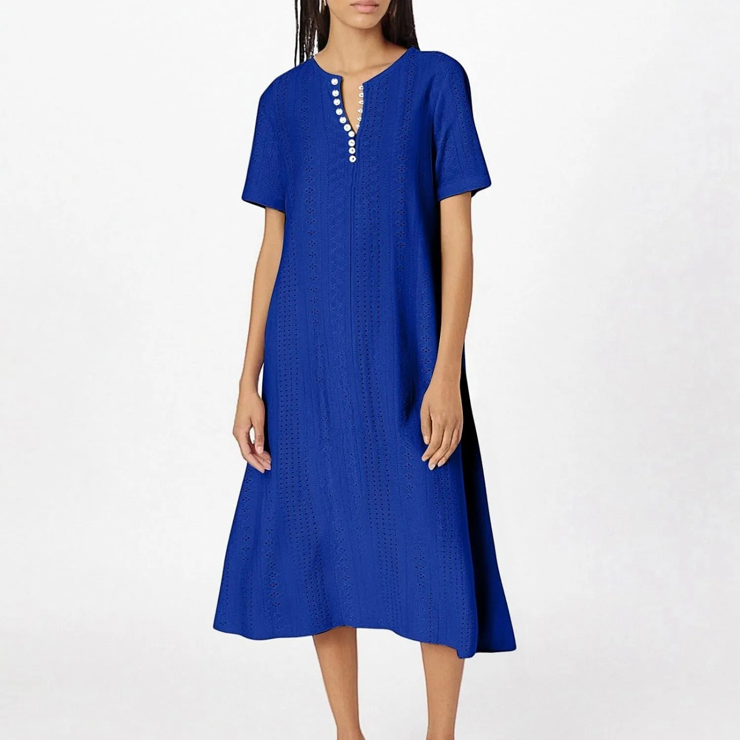 Short Sleeve Dress for Women Casual Summer Loose Fitting Button Down Eyelet Midi Tshirt Dress Bohemian Beachy Dresses