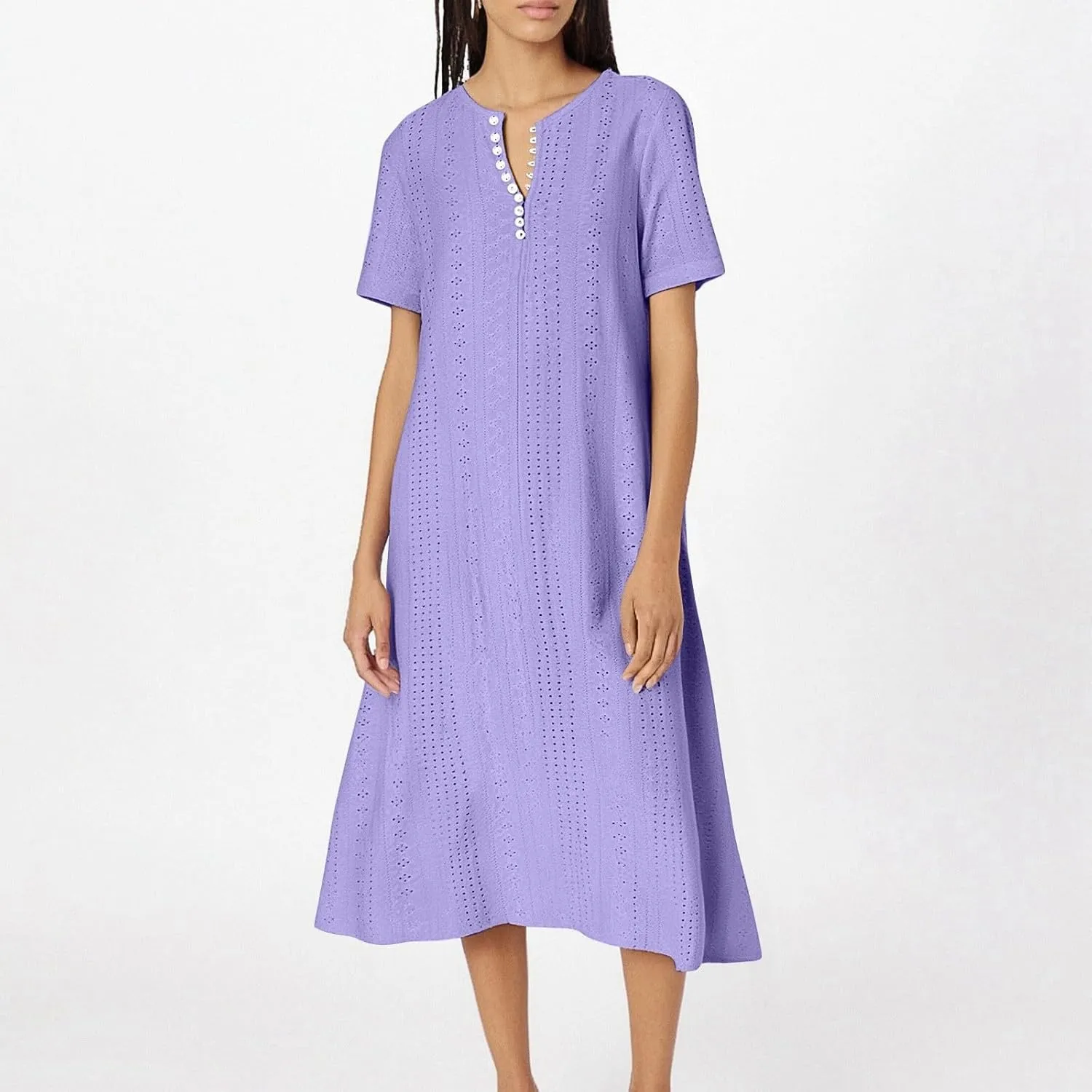 Short Sleeve Dress for Women Casual Summer Loose Fitting Button Down Eyelet Midi Tshirt Dress Bohemian Beachy Dresses