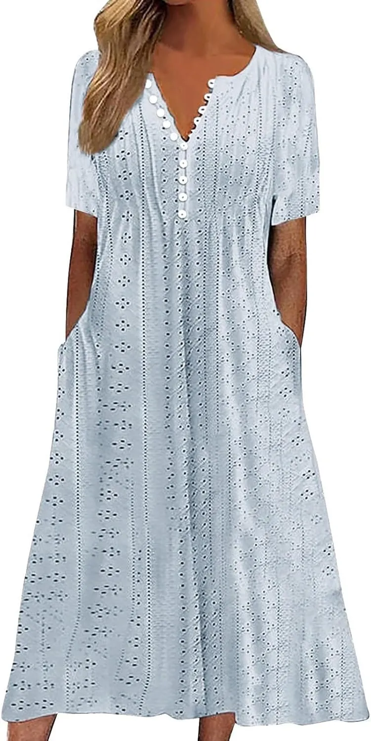 Short Sleeve Dress for Women Casual Summer Loose Fitting Button Down Eyelet Midi Tshirt Dress Bohemian Beachy Dresses