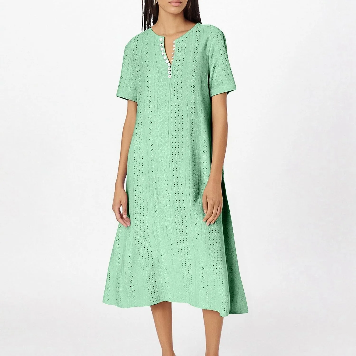 Short Sleeve Dress for Women Casual Summer Loose Fitting Button Down Eyelet Midi Tshirt Dress Bohemian Beachy Dresses