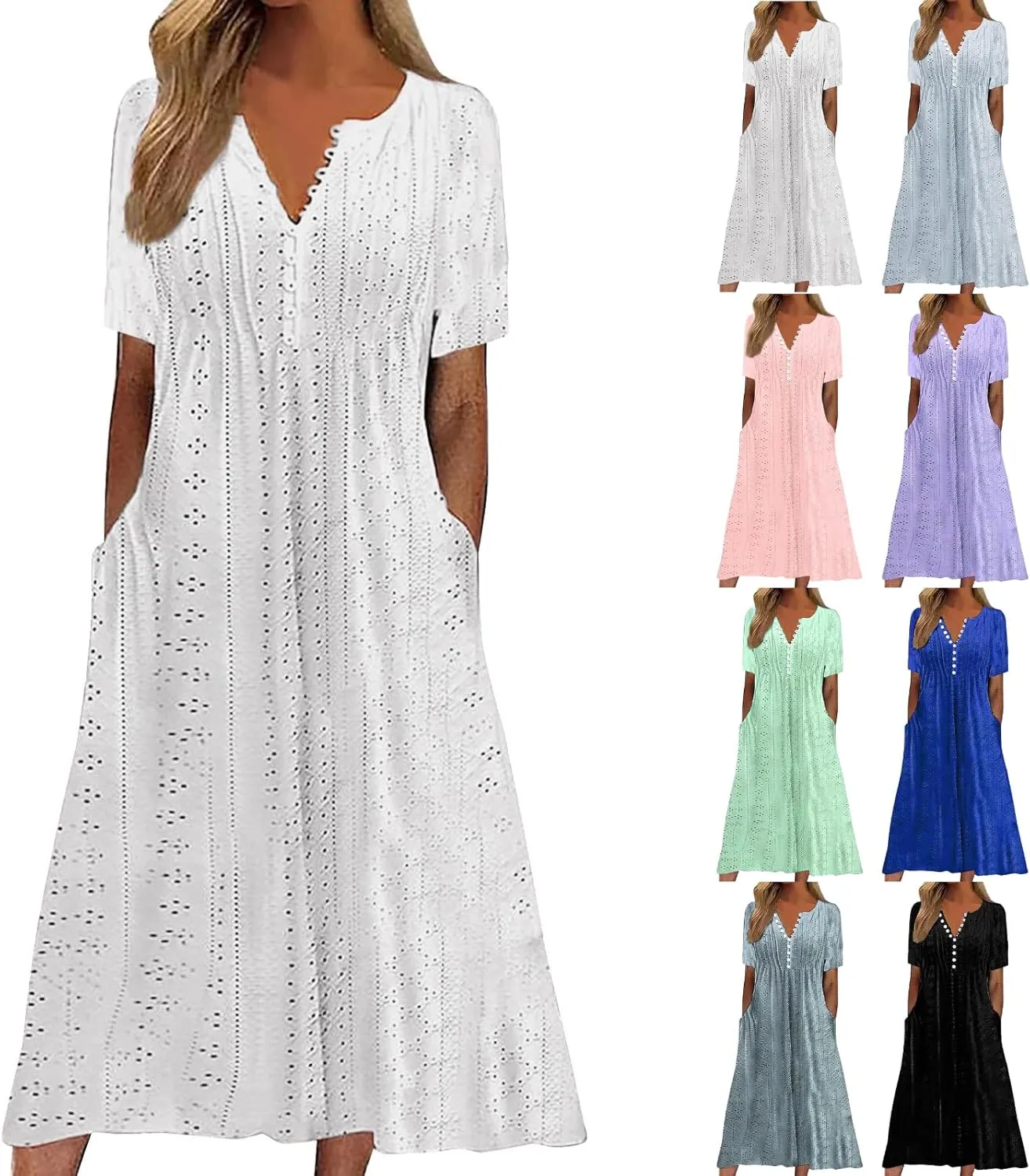 Short Sleeve Dress for Women Casual Summer Loose Fitting Button Down Eyelet Midi Tshirt Dress Bohemian Beachy Dresses
