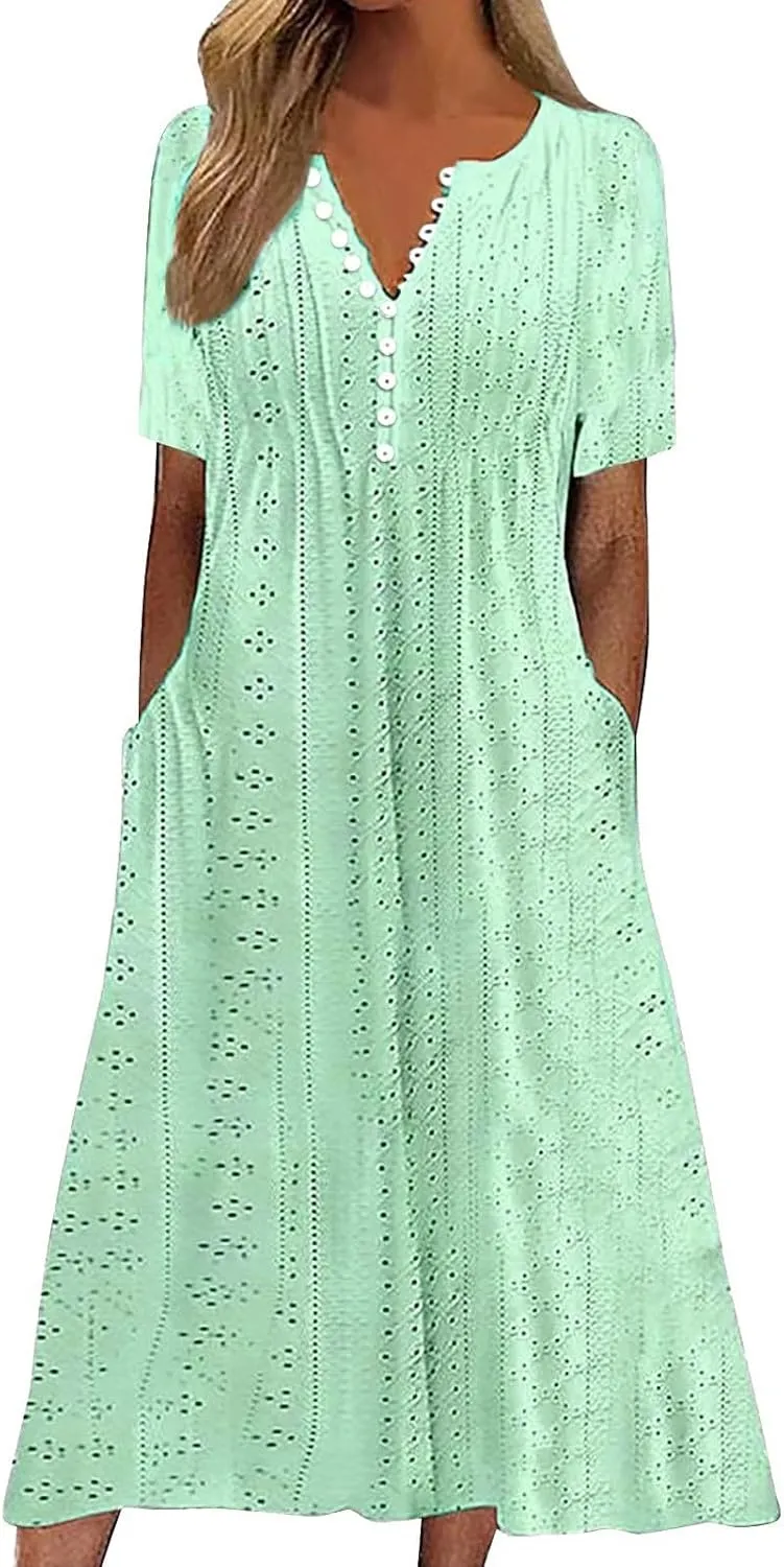 Short Sleeve Dress for Women Casual Summer Loose Fitting Button Down Eyelet Midi Tshirt Dress Bohemian Beachy Dresses