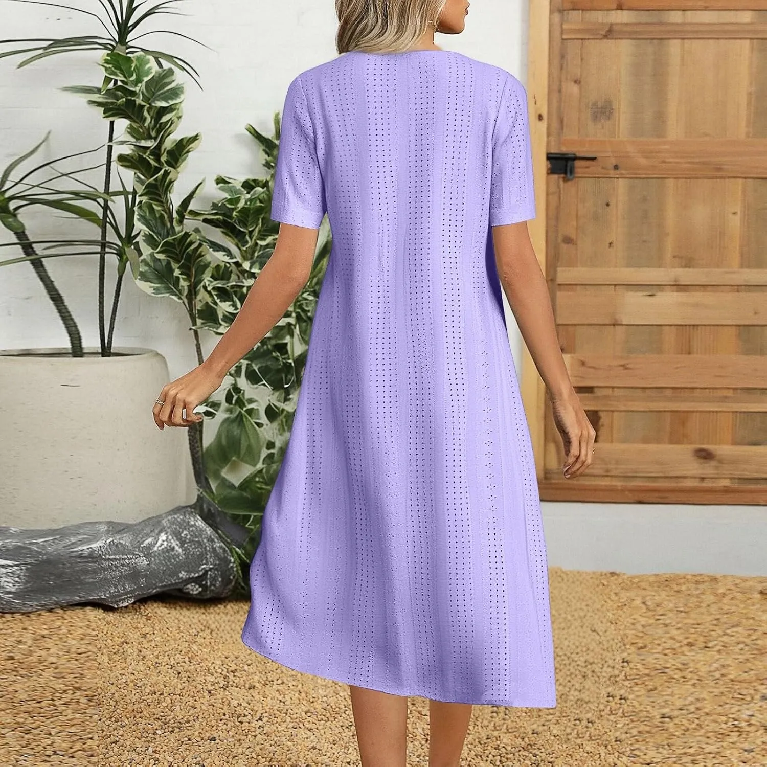 Short Sleeve Dress for Women Casual Summer Loose Fitting Button Down Eyelet Midi Tshirt Dress Bohemian Beachy Dresses