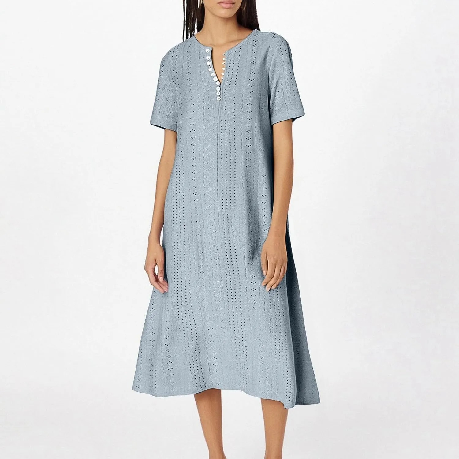 Short Sleeve Dress for Women Casual Summer Loose Fitting Button Down Eyelet Midi Tshirt Dress Bohemian Beachy Dresses