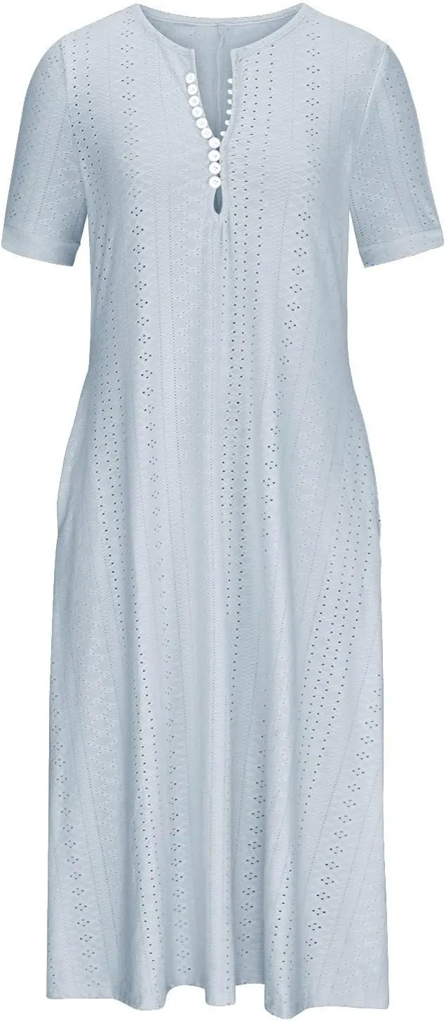 Short Sleeve Dress for Women Casual Summer Loose Fitting Button Down Eyelet Midi Tshirt Dress Bohemian Beachy Dresses