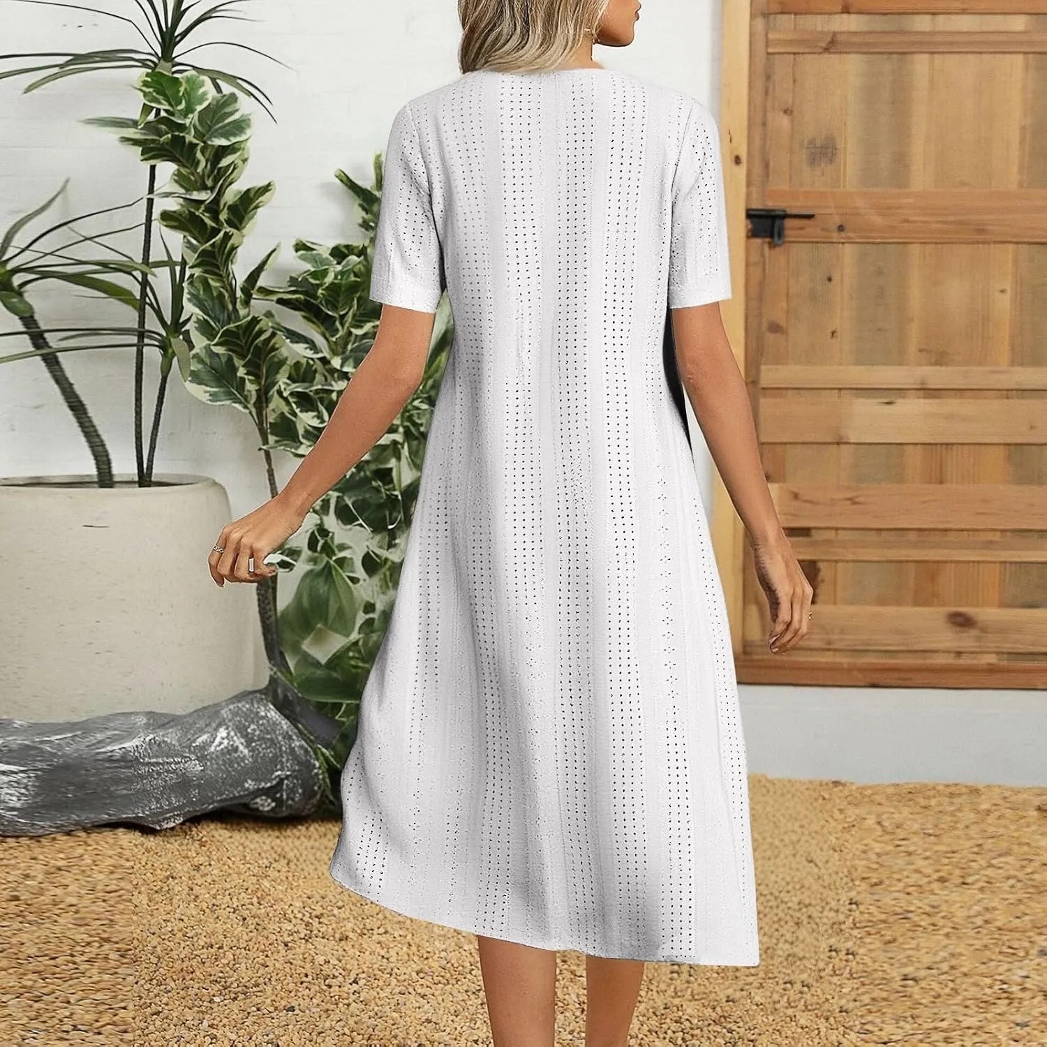 Short Sleeve Dress for Women Casual Summer Loose Fitting Button Down Eyelet Midi Tshirt Dress Bohemian Beachy Dresses