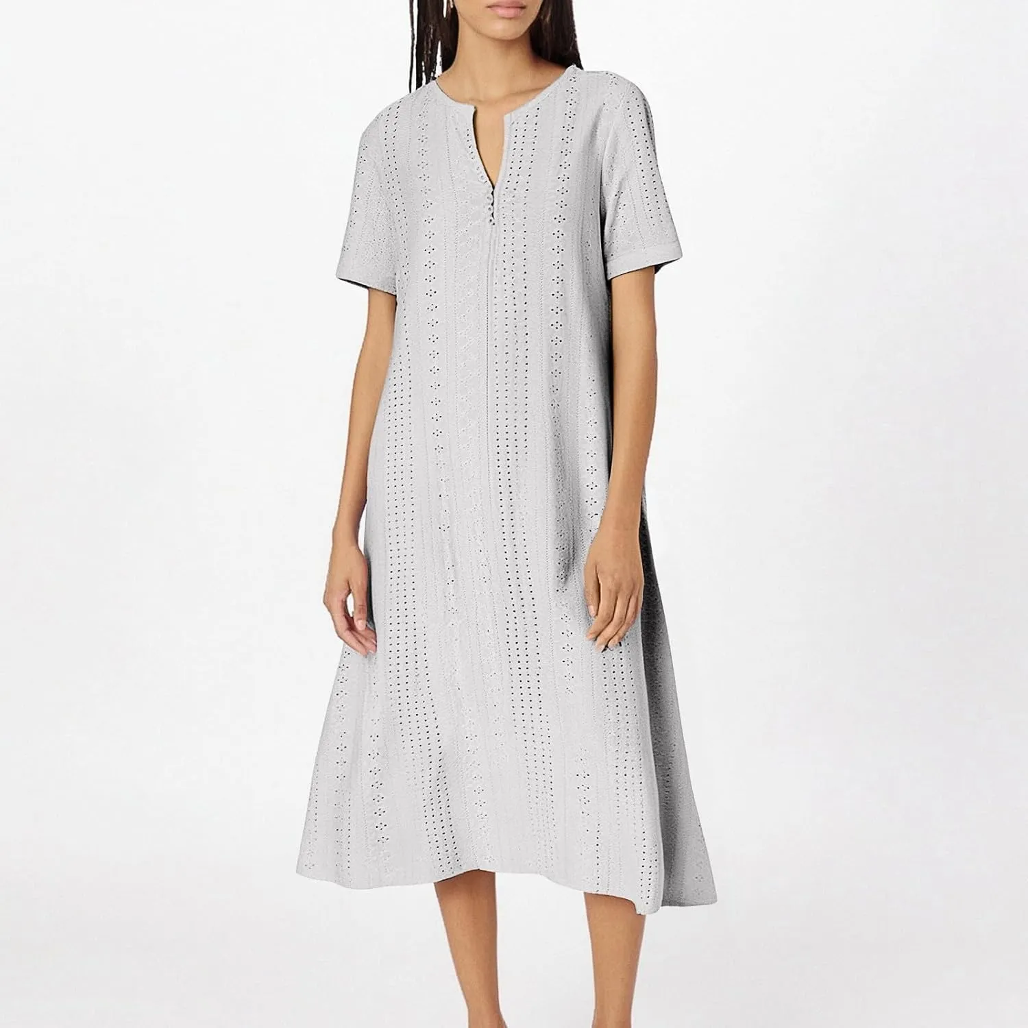 Short Sleeve Dress for Women Casual Summer Loose Fitting Button Down Eyelet Midi Tshirt Dress Bohemian Beachy Dresses