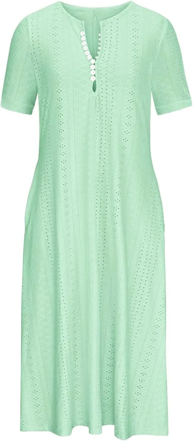 Short Sleeve Dress for Women Casual Summer Loose Fitting Button Down Eyelet Midi Tshirt Dress Bohemian Beachy Dresses