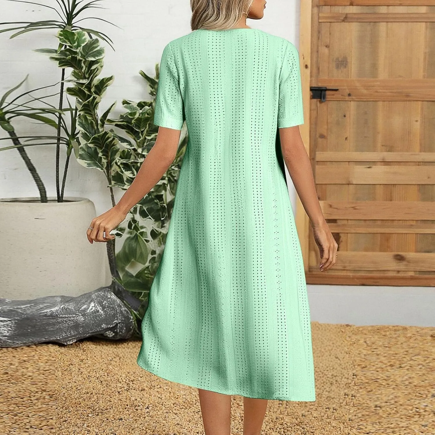 Short Sleeve Dress for Women Casual Summer Loose Fitting Button Down Eyelet Midi Tshirt Dress Bohemian Beachy Dresses