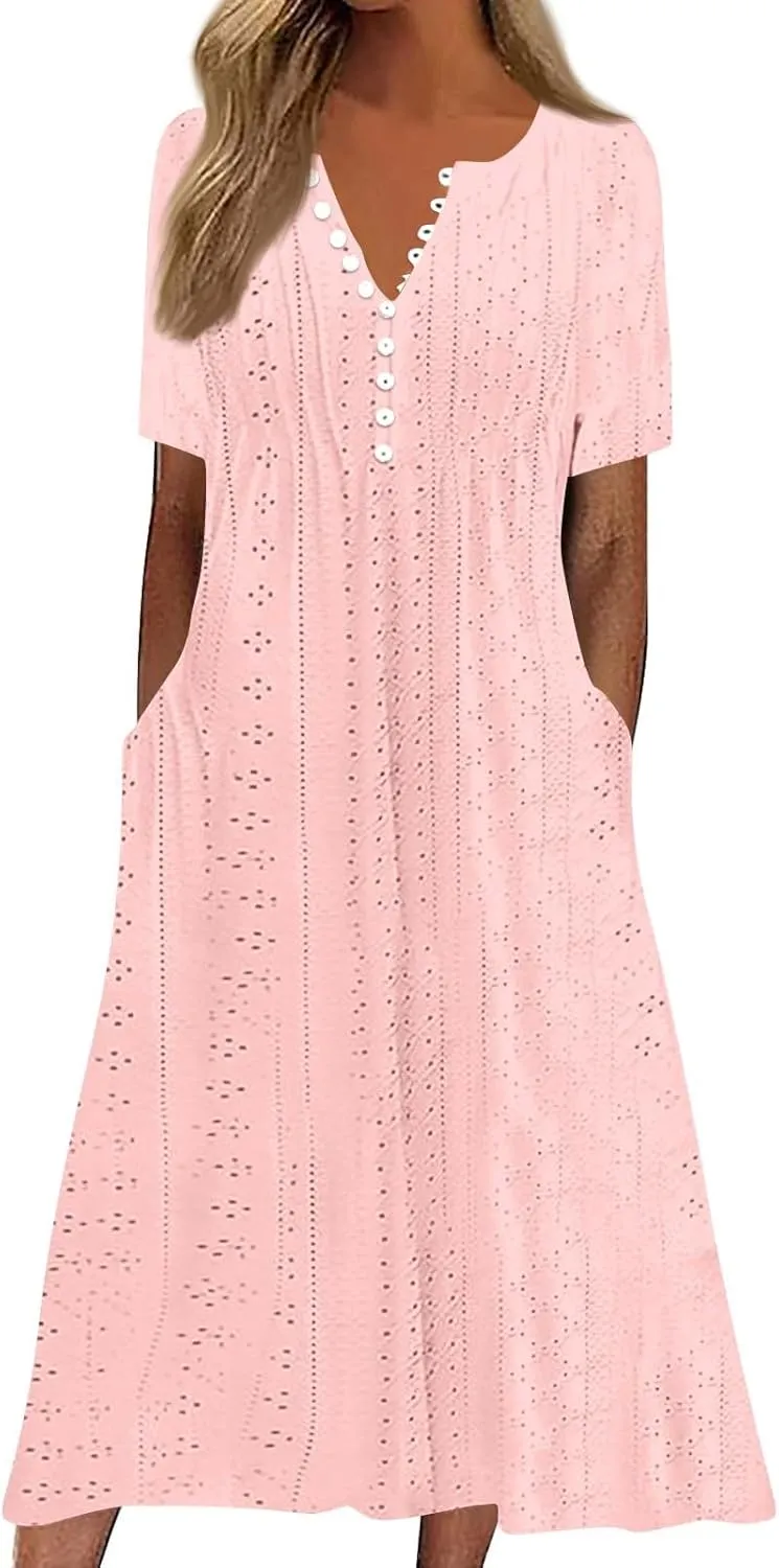 Short Sleeve Dress for Women Casual Summer Loose Fitting Button Down Eyelet Midi Tshirt Dress Bohemian Beachy Dresses