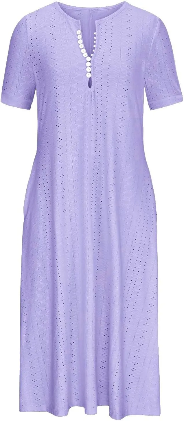 Short Sleeve Dress for Women Casual Summer Loose Fitting Button Down Eyelet Midi Tshirt Dress Bohemian Beachy Dresses