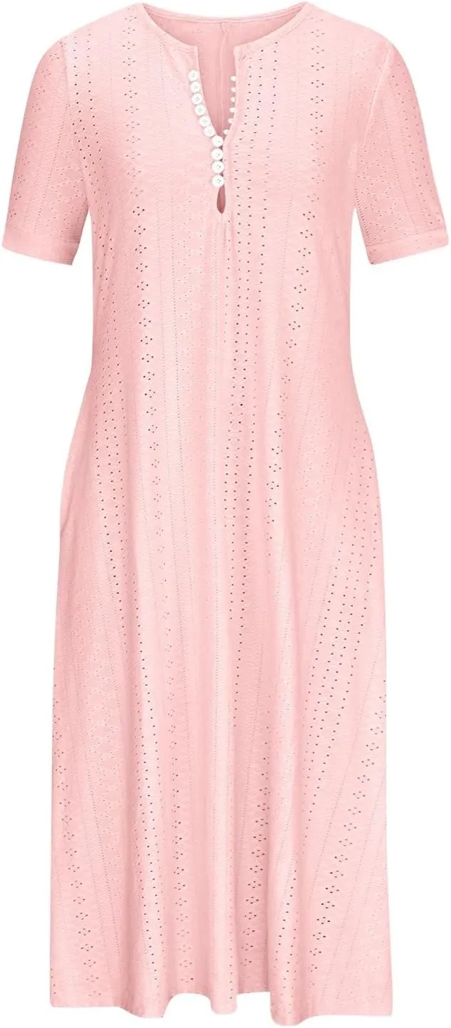 Short Sleeve Dress for Women Casual Summer Loose Fitting Button Down Eyelet Midi Tshirt Dress Bohemian Beachy Dresses