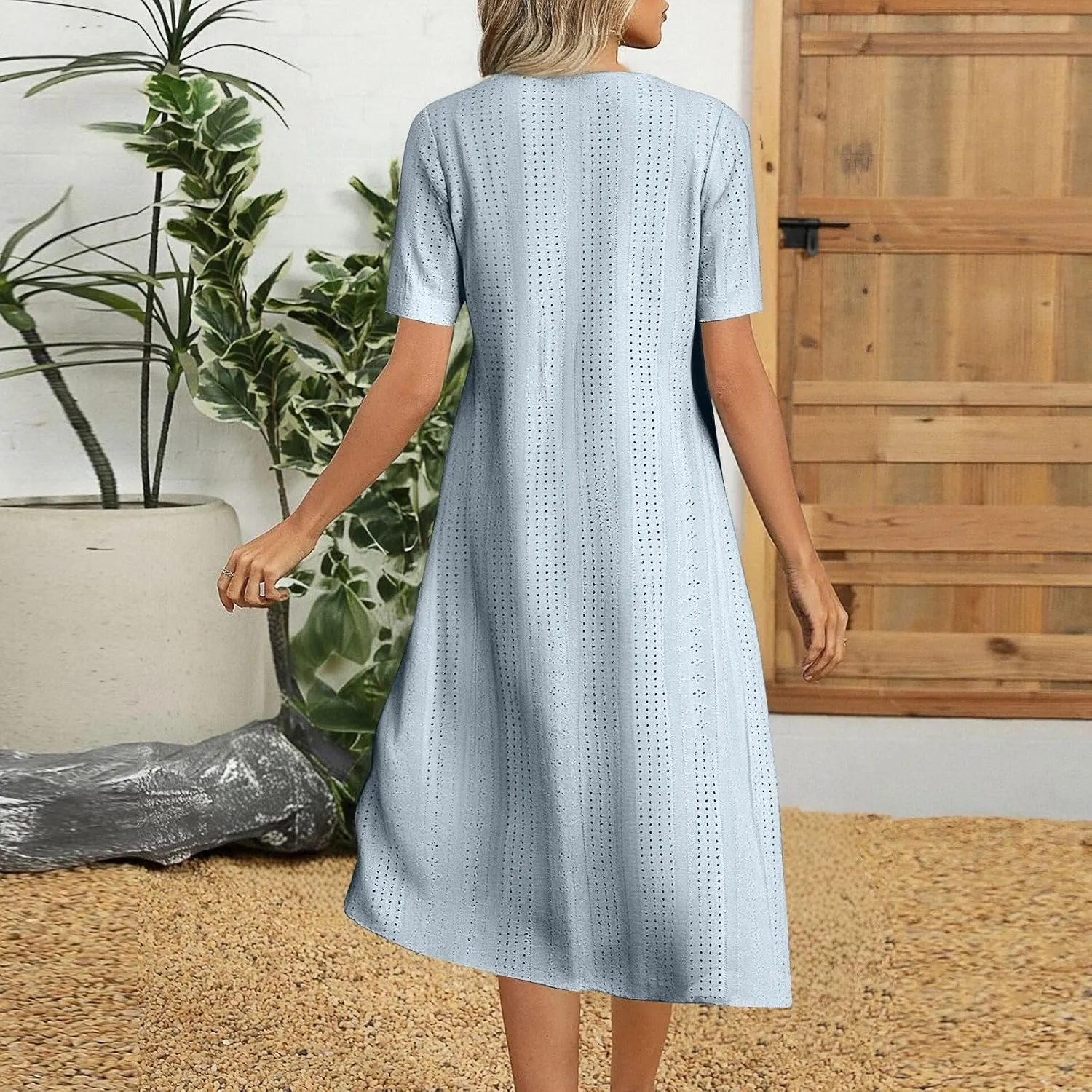 Short Sleeve Dress for Women Casual Summer Loose Fitting Button Down Eyelet Midi Tshirt Dress Bohemian Beachy Dresses