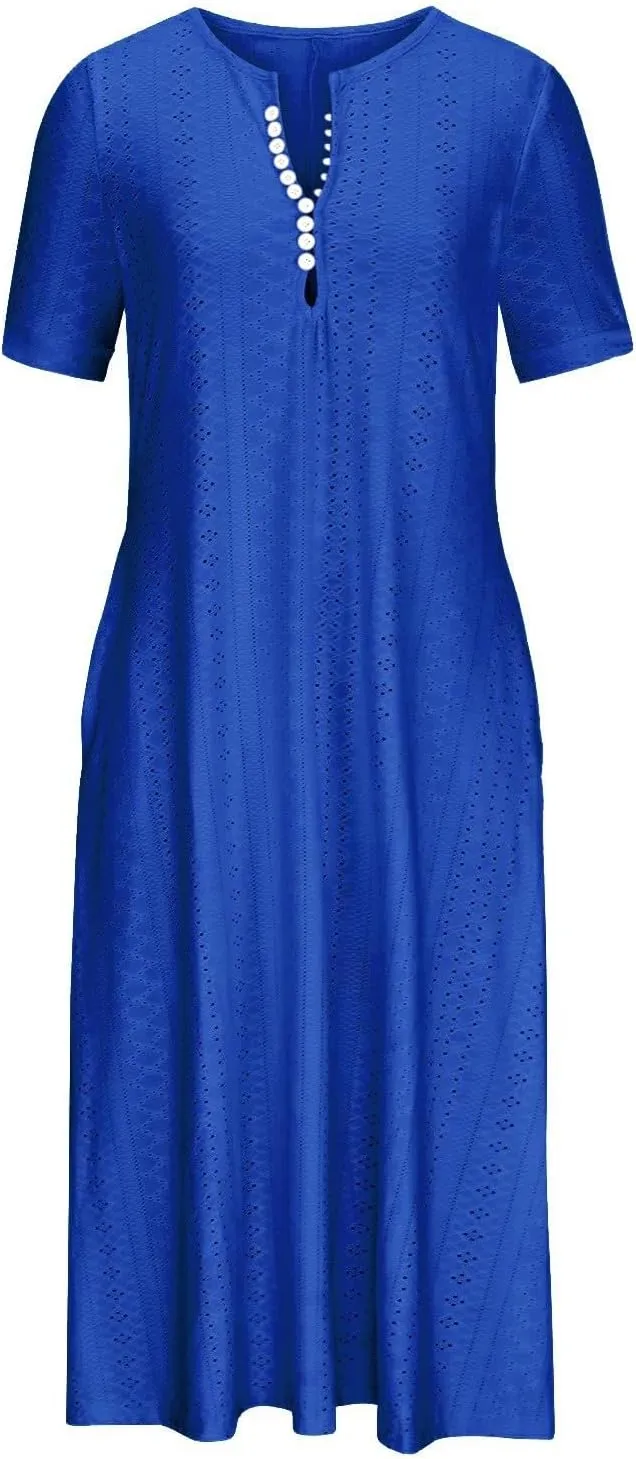 Short Sleeve Dress for Women Casual Summer Loose Fitting Button Down Eyelet Midi Tshirt Dress Bohemian Beachy Dresses