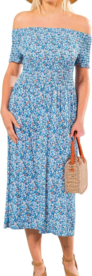 Short Sleeve Smocked Midi Sundress, Smocked Dress Vacation Outfits Summer Long Dress, Beachy Dresses for Women 2024