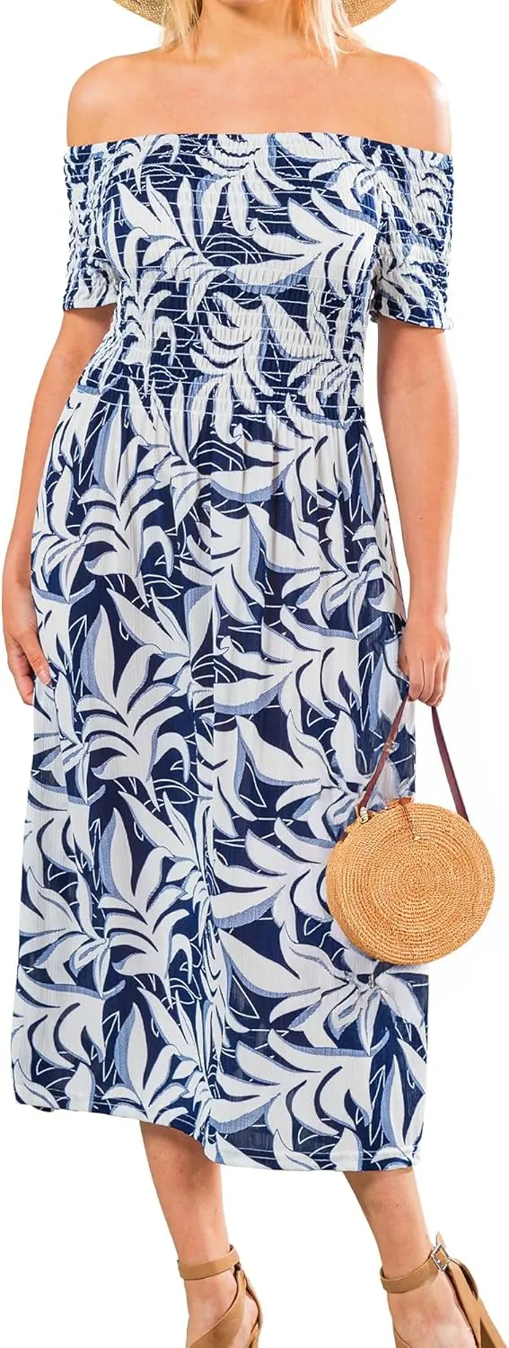 Short Sleeve Smocked Midi Sundress, Smocked Dress Vacation Outfits Summer Long Dress, Beachy Dresses for Women 2024