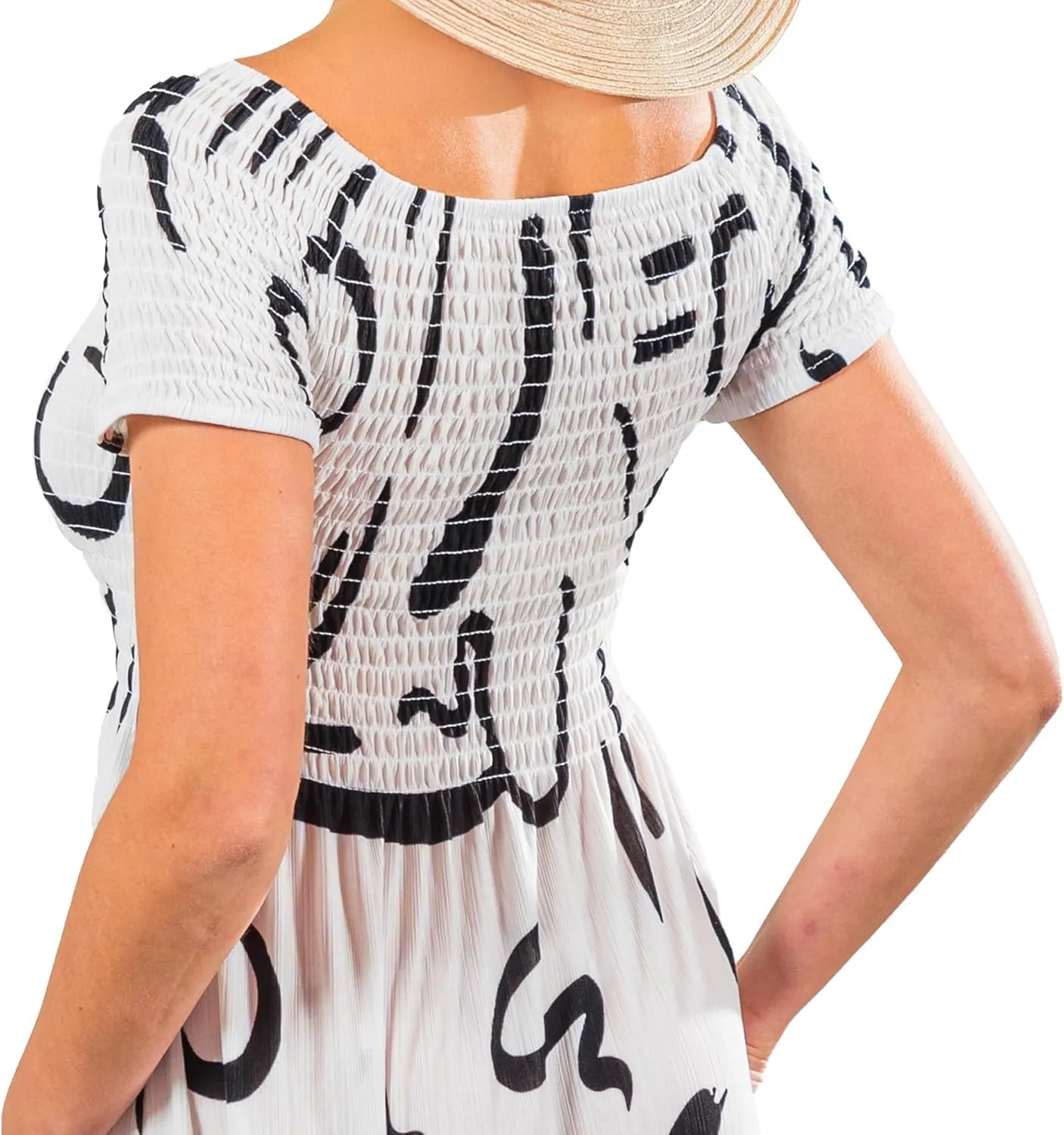 Short Sleeve Smocked Midi Sundress, Smocked Dress Vacation Outfits Summer Long Dress, Beachy Dresses for Women 2024