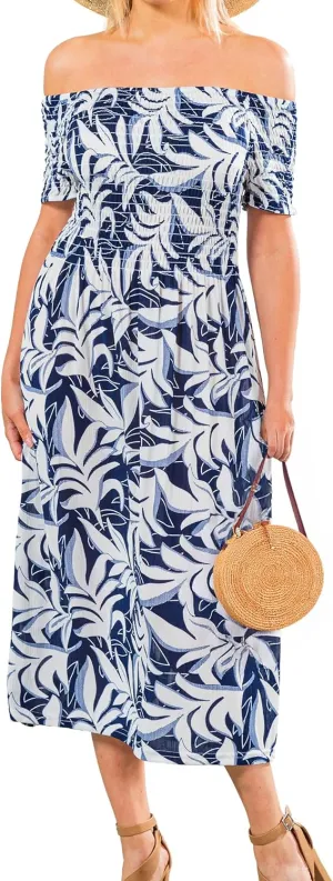 Short Sleeve Smocked Midi Sundress, Smocked Dress Vacation Outfits Summer Long Dress, Beachy Dresses for Women 2024