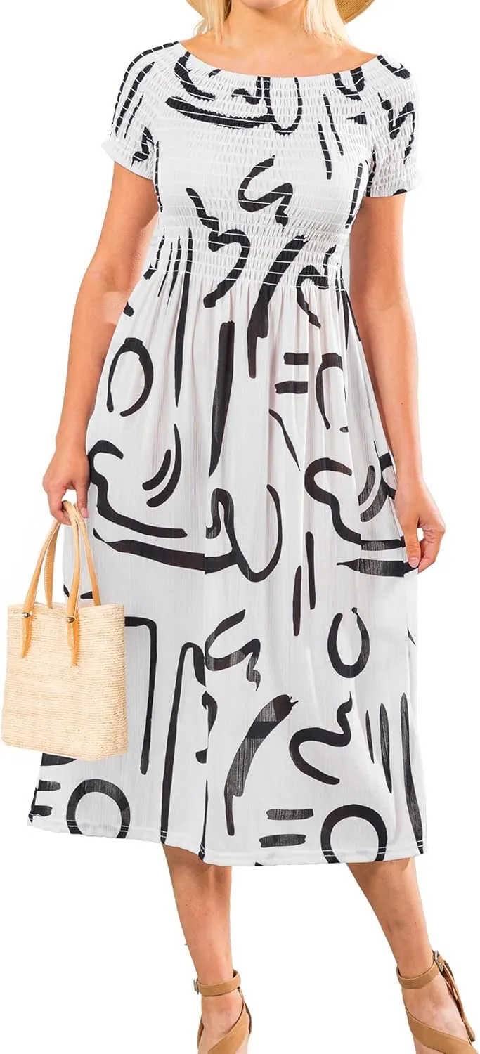Short Sleeve Smocked Midi Sundress, Smocked Dress Vacation Outfits Summer Long Dress, Beachy Dresses for Women 2024
