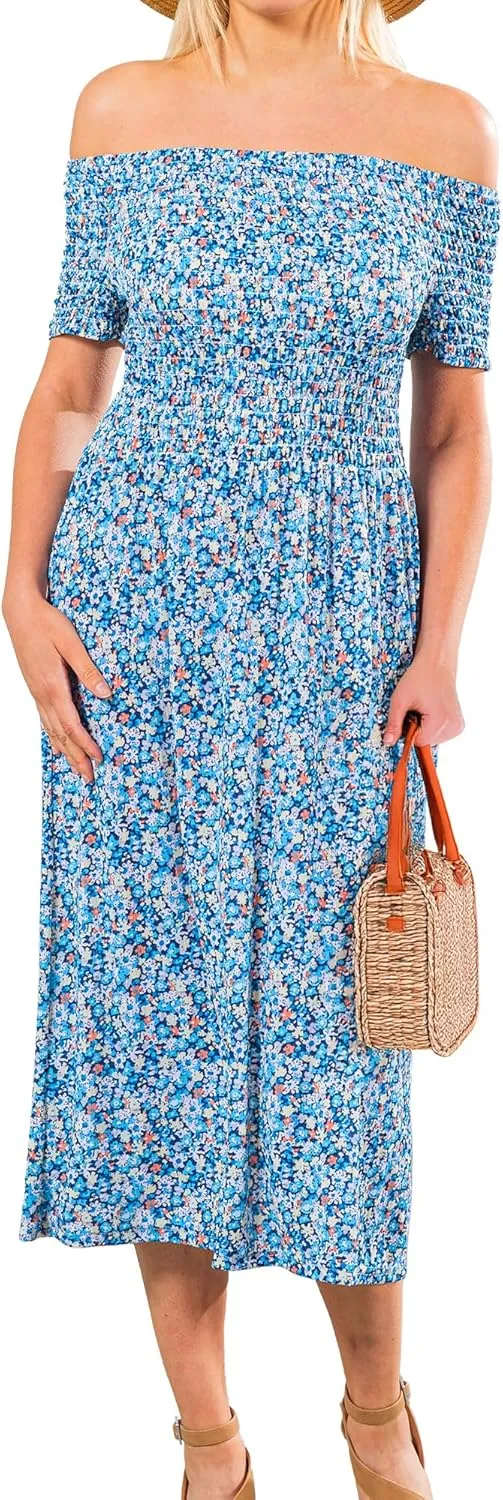 Short Sleeve Smocked Midi Sundress, Smocked Dress Vacation Outfits Summer Long Dress, Beachy Dresses for Women 2024