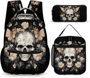 Skull Death Moth And Flowers Backpack 3 Piece Set with Lightweight Daypack Lunch Bag Pencil Case Laptop Bag for Women Men