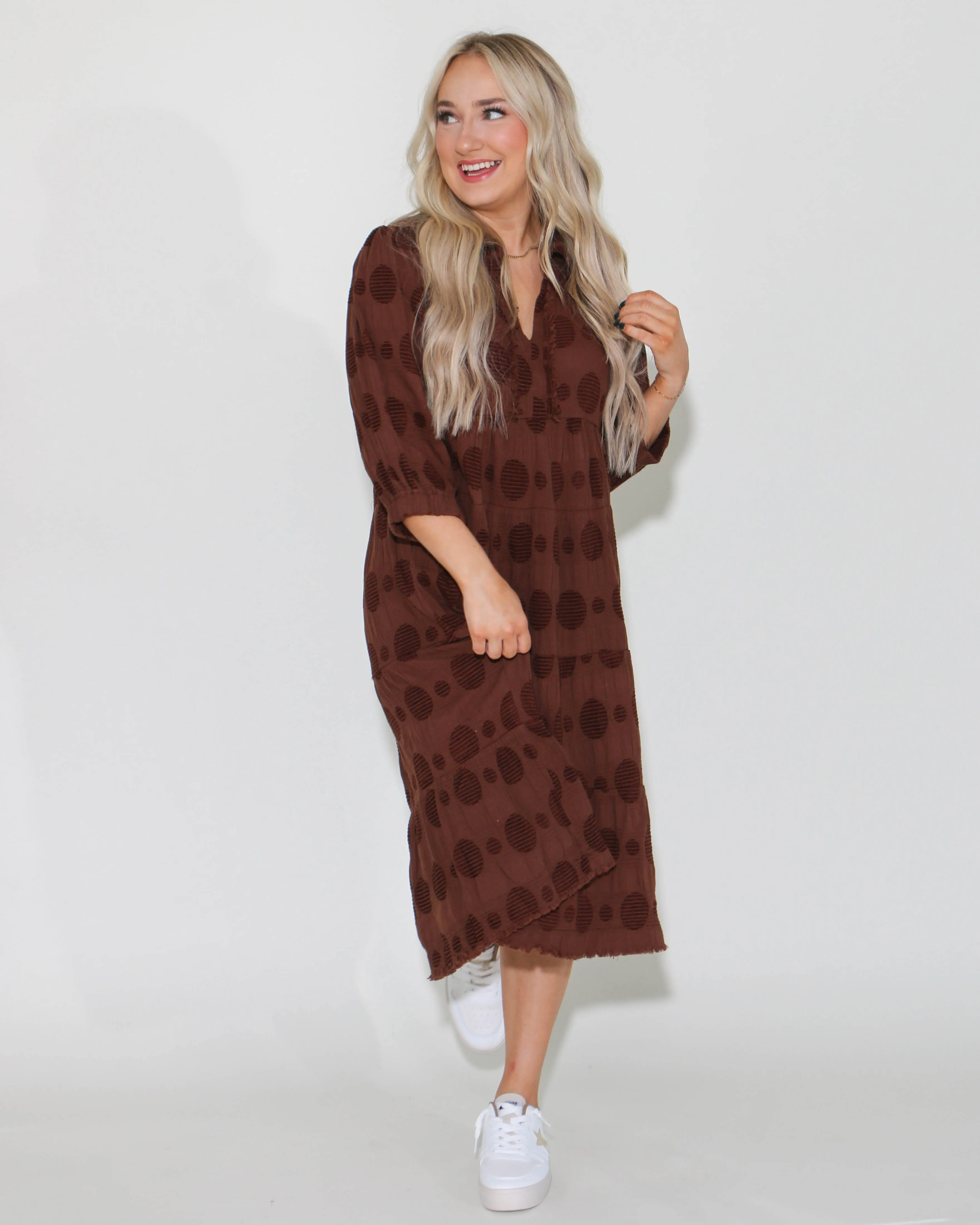 Solid Dotted V-Neck Tiered Midi Dress In Brown