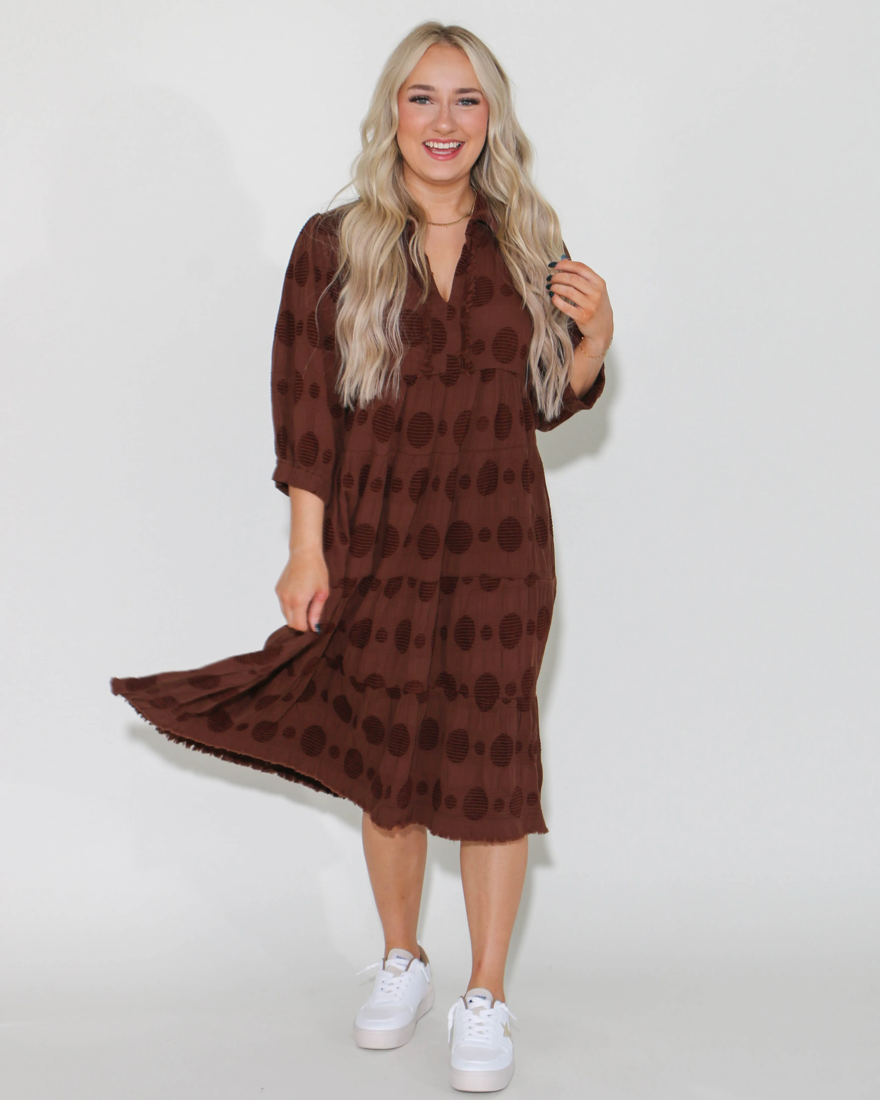 Solid Dotted V-Neck Tiered Midi Dress In Brown
