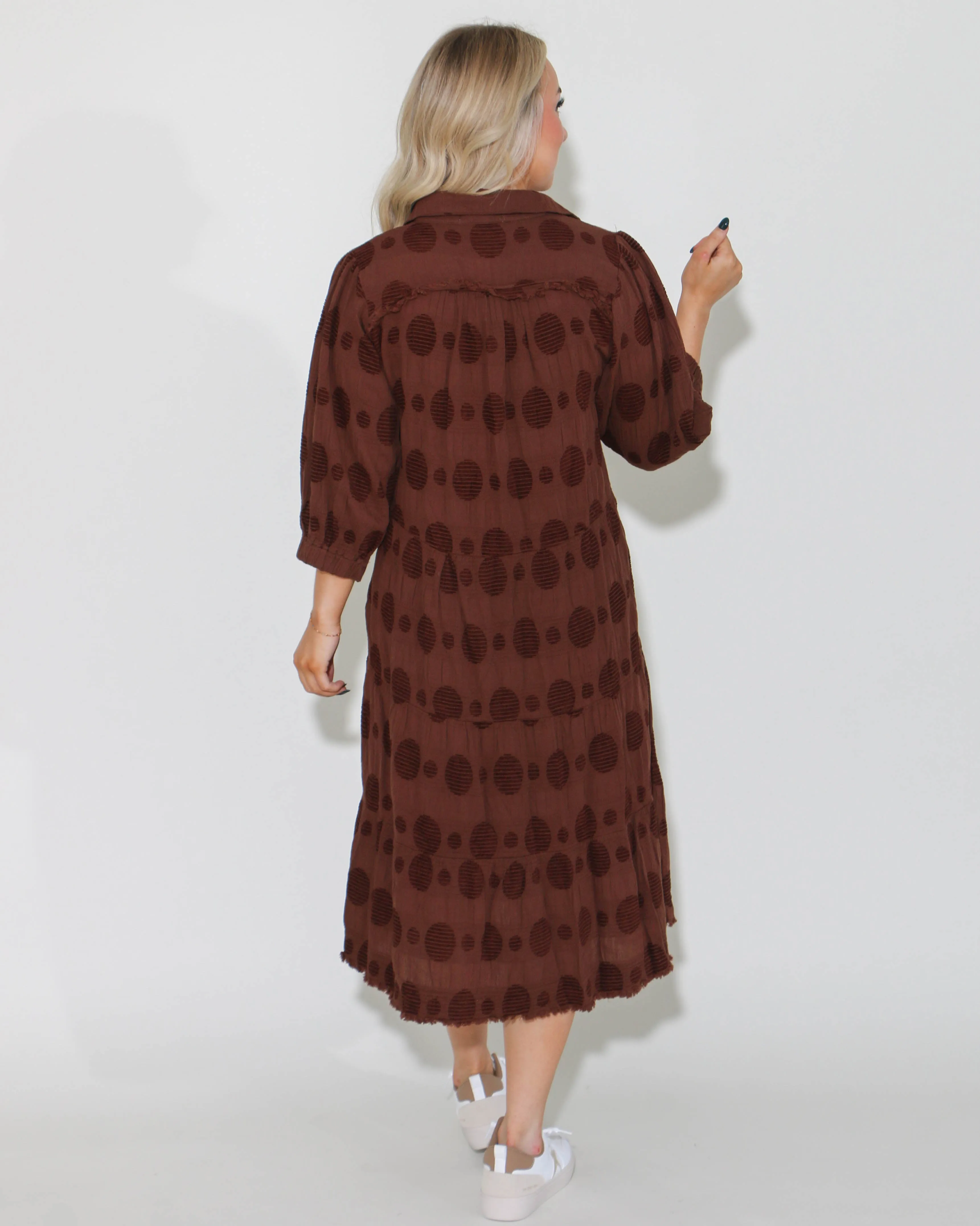 Solid Dotted V-Neck Tiered Midi Dress In Brown