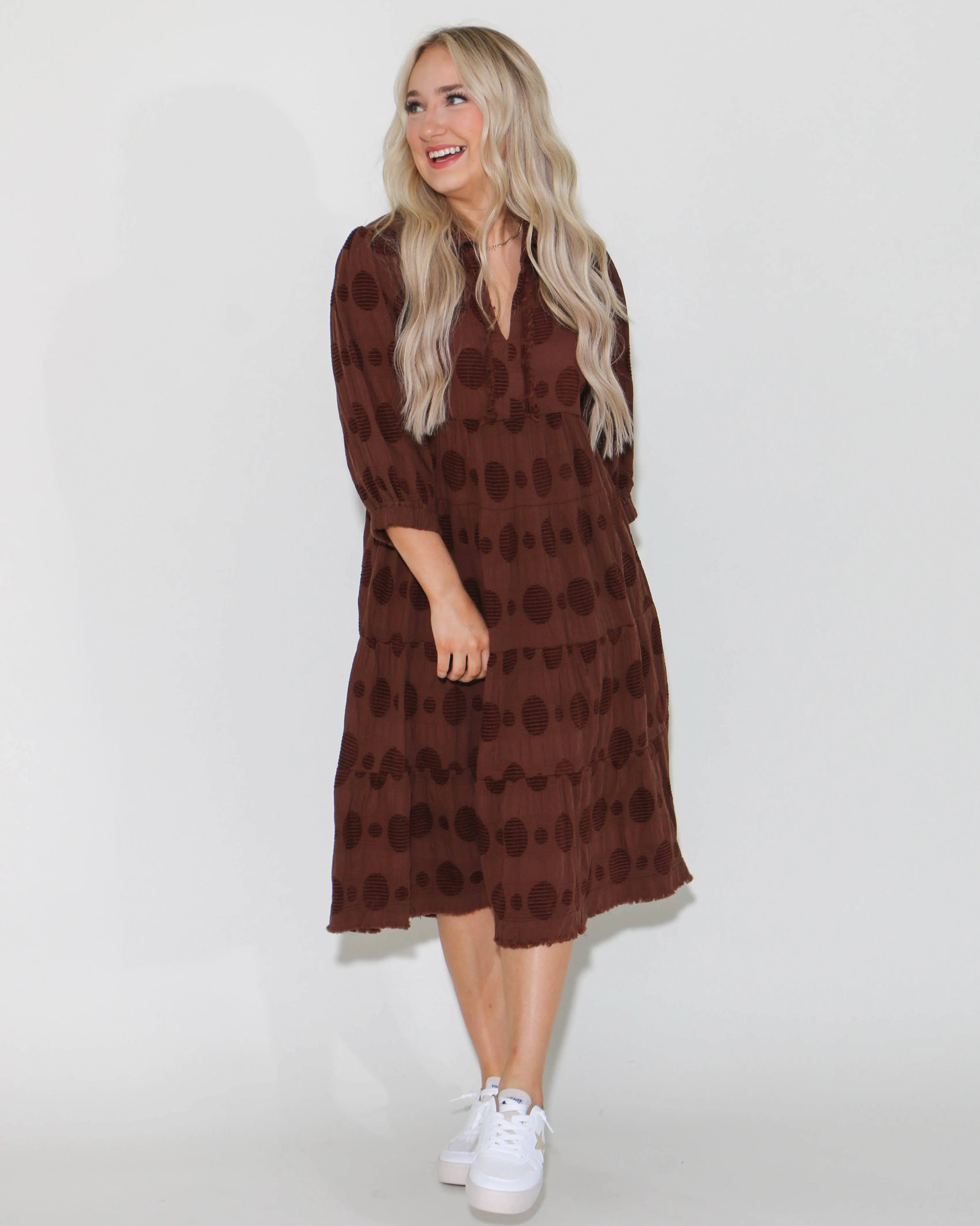 Solid Dotted V-Neck Tiered Midi Dress In Brown
